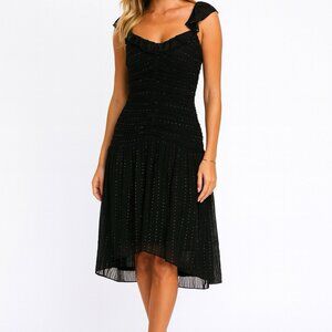 BCBGeneration Size 10 Black Silver Metallic Sleeveless Midi Dress Ruched Stretch